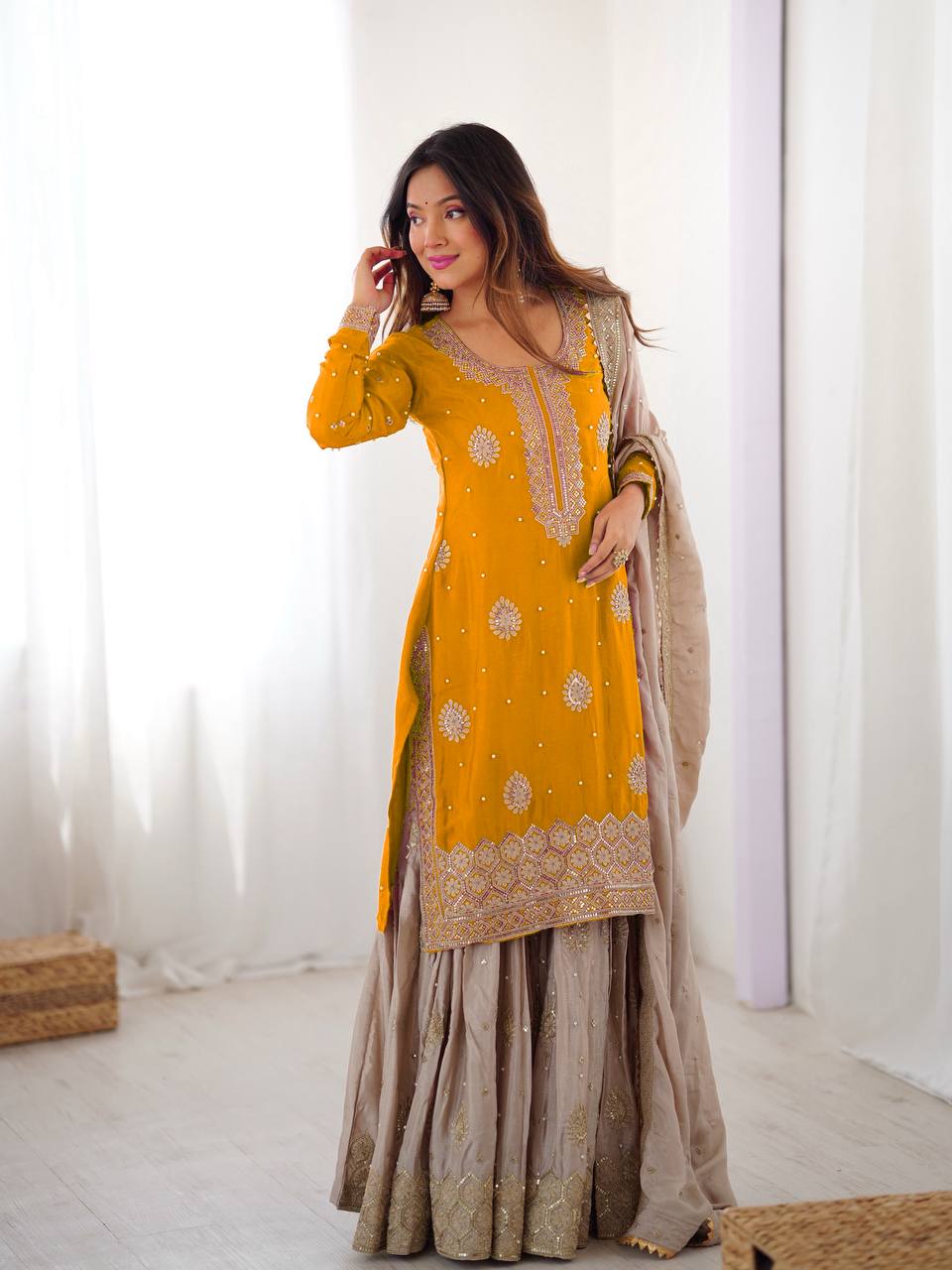 Elegant Embroidered Kurta Sharara Set with Dupatta – Festive Wear (4 Colors)