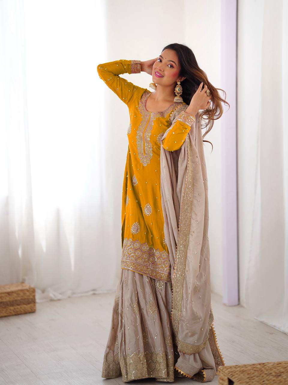 Elegant Embroidered Kurta Sharara Set with Dupatta – Festive Wear (4 Colors)