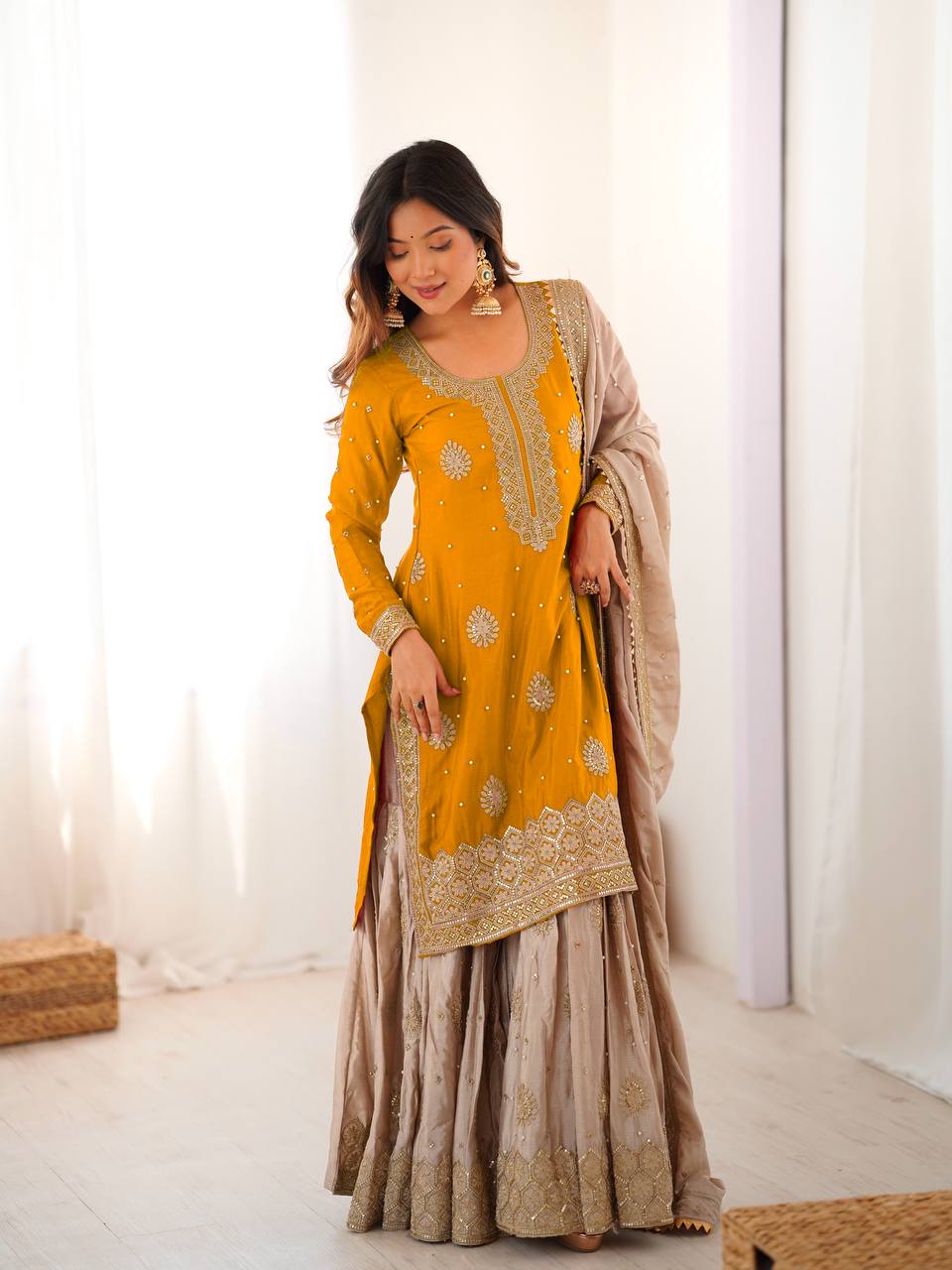 Elegant Embroidered Kurta Sharara Set with Dupatta – Festive Wear (4 Colors)