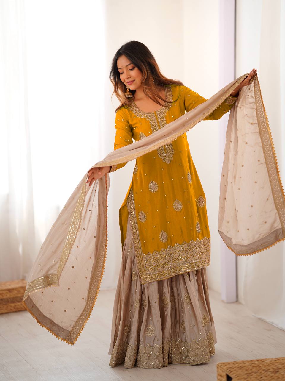 Elegant Embroidered Kurta Sharara Set with Dupatta – Festive Wear (4 Colors)
