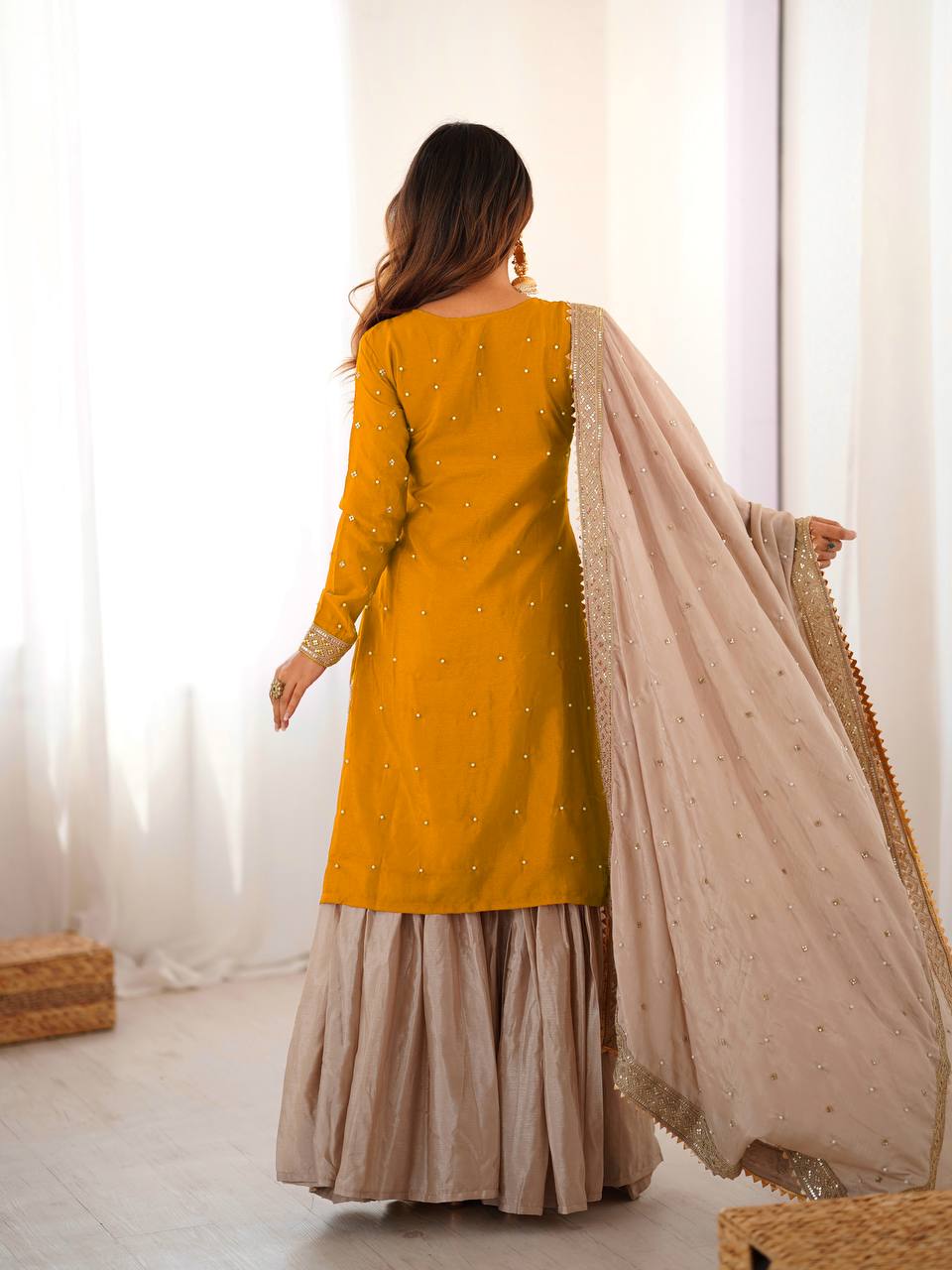 Elegant Embroidered Kurta Sharara Set with Dupatta – Festive Wear (4 Colors)