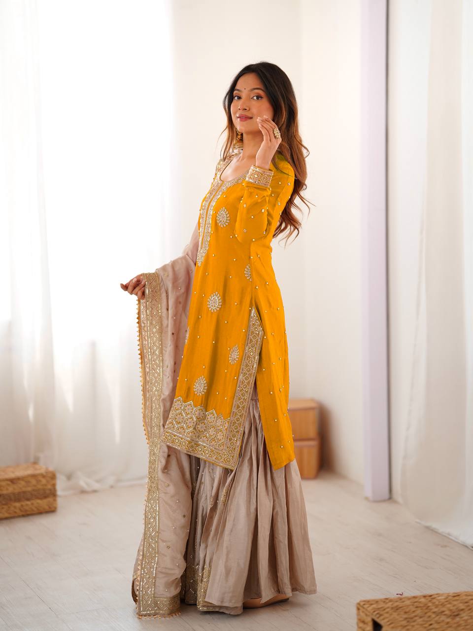 Elegant Embroidered Kurta Sharara Set with Dupatta – Festive Wear (4 Colors)