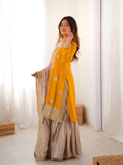Elegant Embroidered Kurta Sharara Set with Dupatta – Festive Wear (4 Colors)