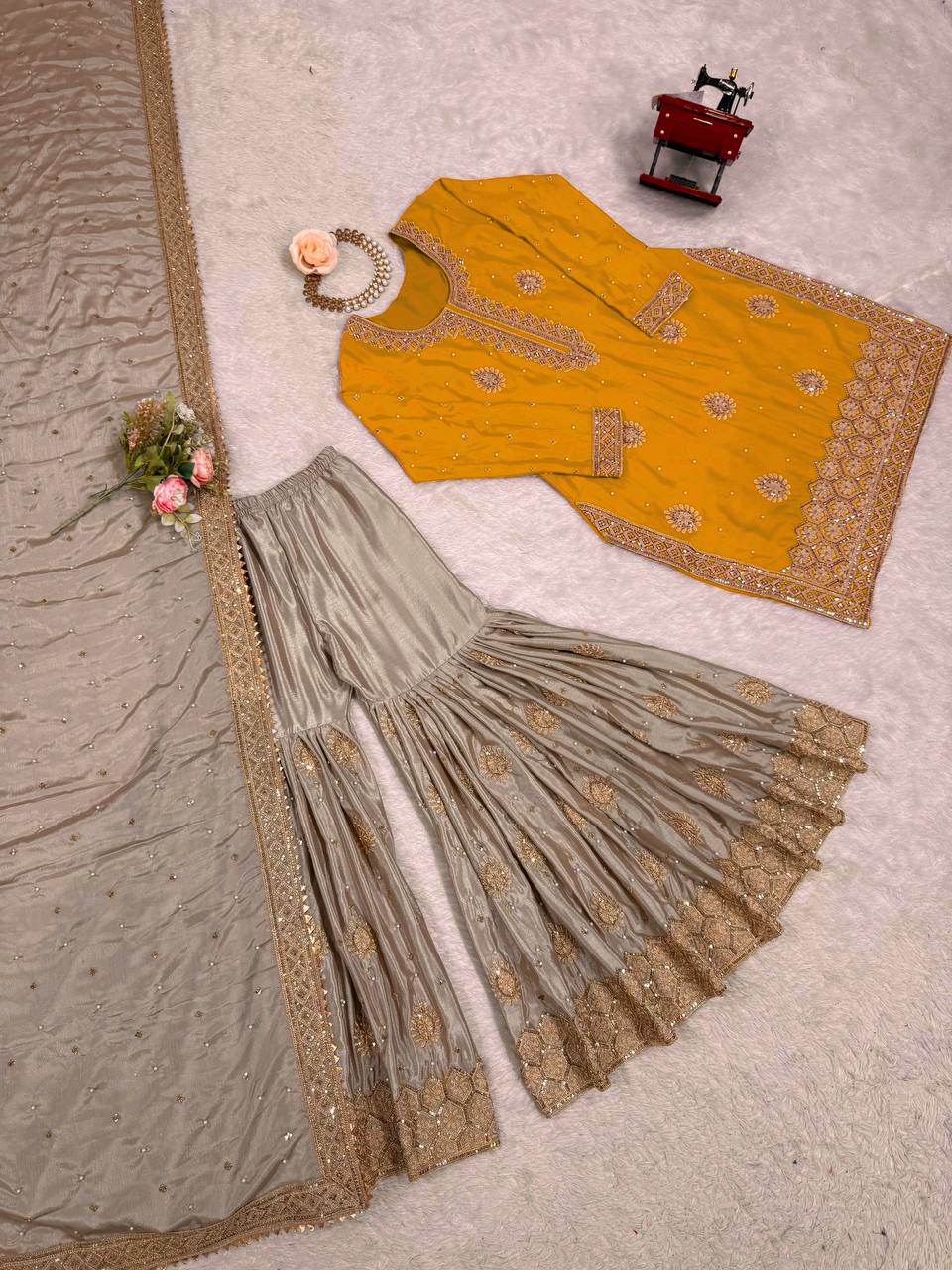 Elegant Embroidered Kurta Sharara Set with Dupatta – Festive Wear (4 Colors)