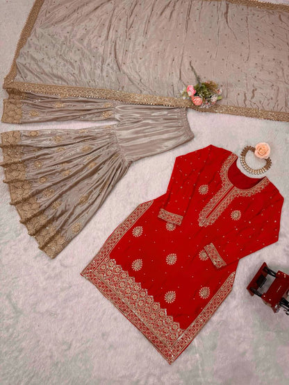Elegant Embroidered Kurta Sharara Set with Dupatta – Festive Wear (4 Colors)