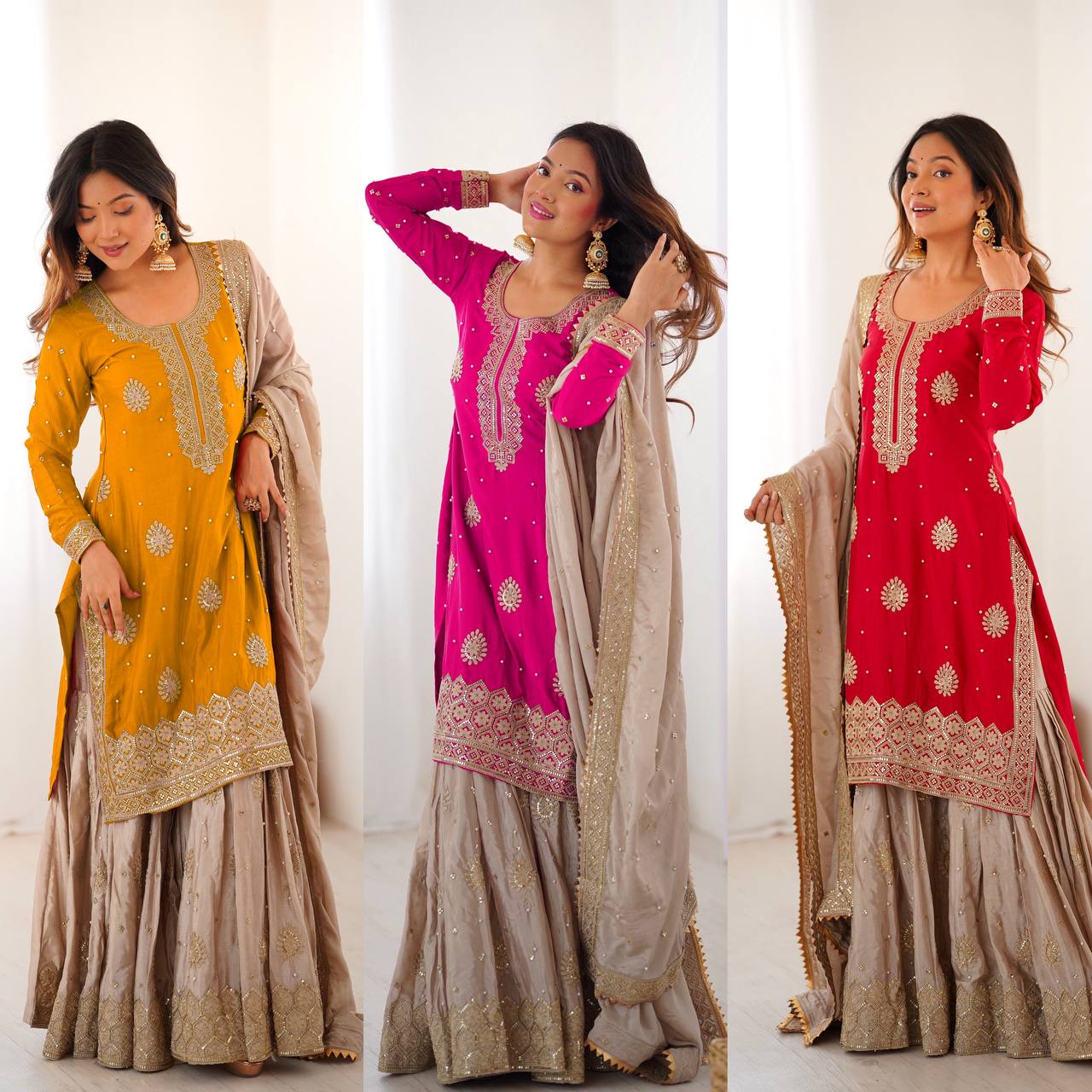 Elegant Embroidered Kurta Sharara Set with Dupatta – Festive Wear (4 Colors)