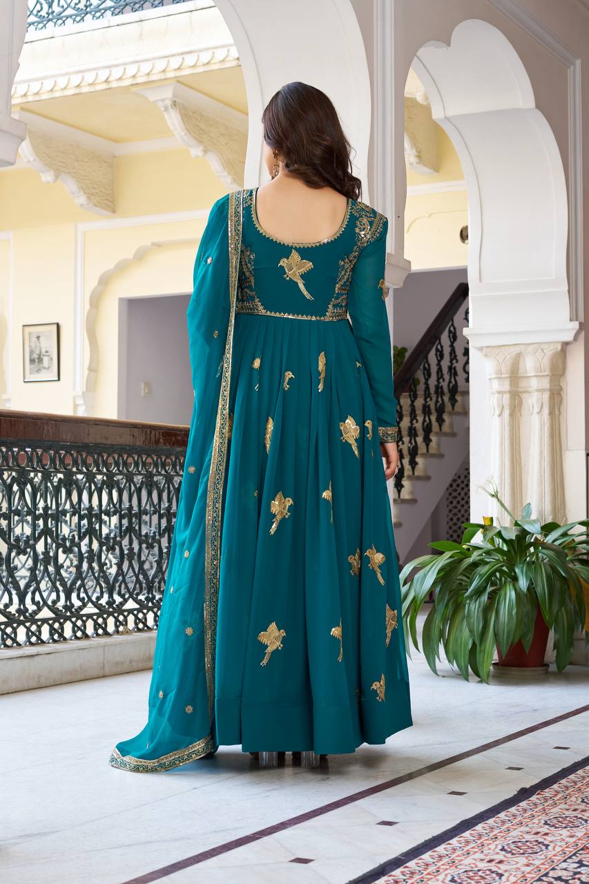 Elegant Embroidered Bird Motif Anarkali Suit Set with Dupatta (2 Color Options)