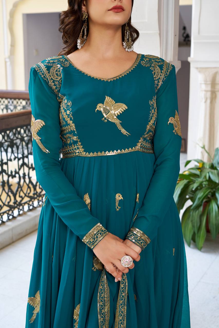 Elegant Embroidered Bird Motif Anarkali Suit Set with Dupatta (2 Color Options)