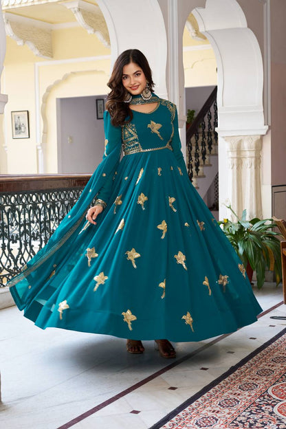 Elegant Embroidered Bird Motif Anarkali Suit Set with Dupatta (2 Color Options)