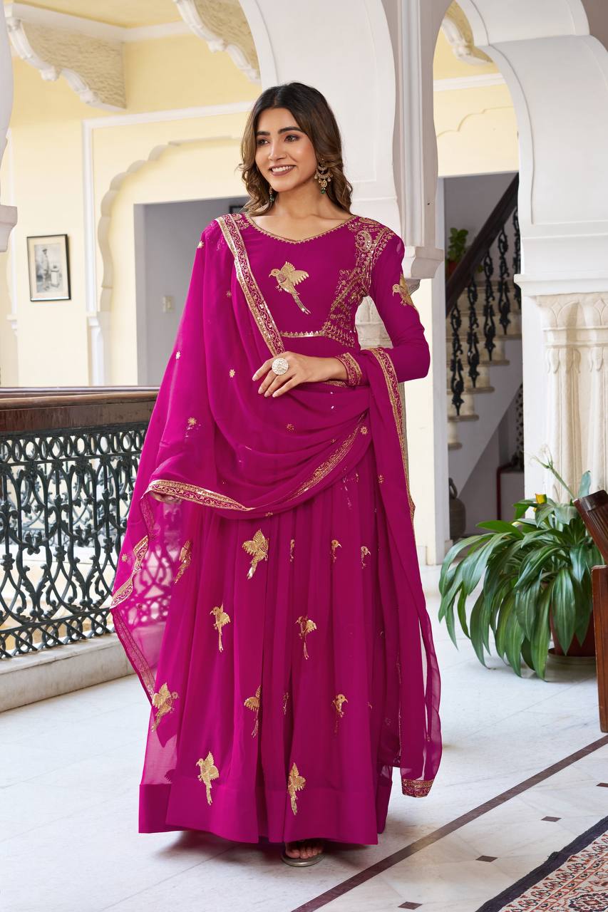 Elegant Embroidered Bird Motif Anarkali Suit Set with Dupatta (2 Color Options)