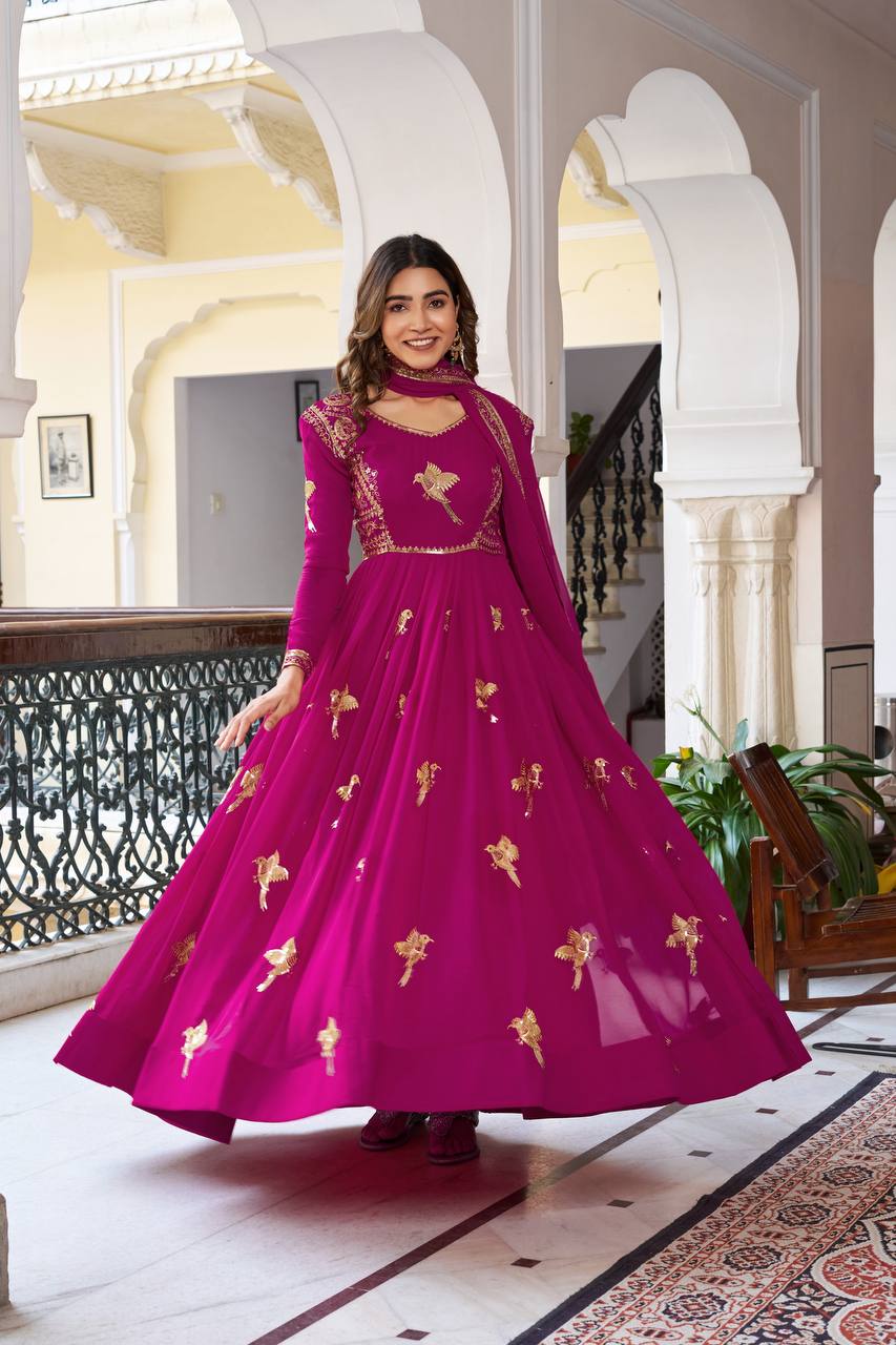 Elegant Embroidered Bird Motif Anarkali Suit Set with Dupatta (2 Color Options)