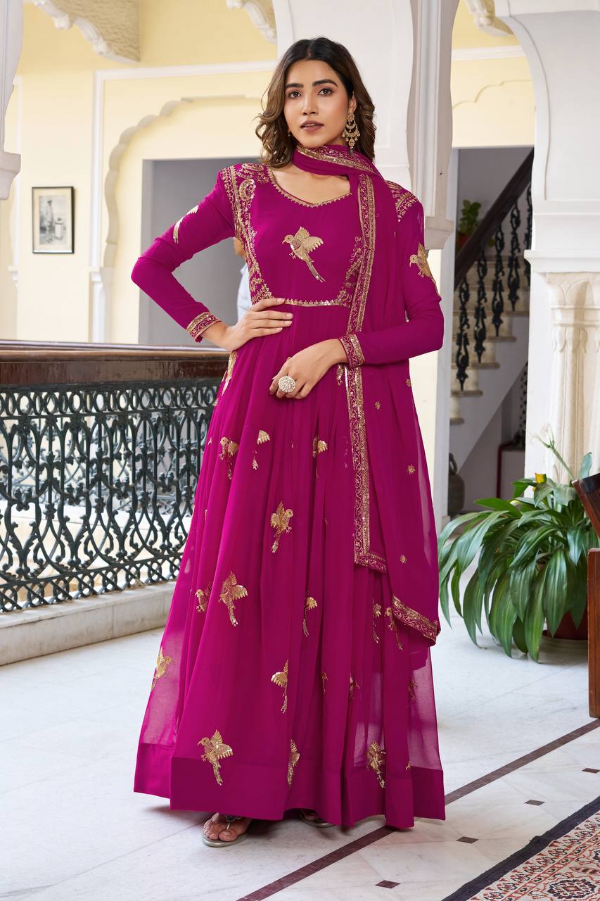 Elegant Embroidered Bird Motif Anarkali Suit Set with Dupatta (2 Color Options)