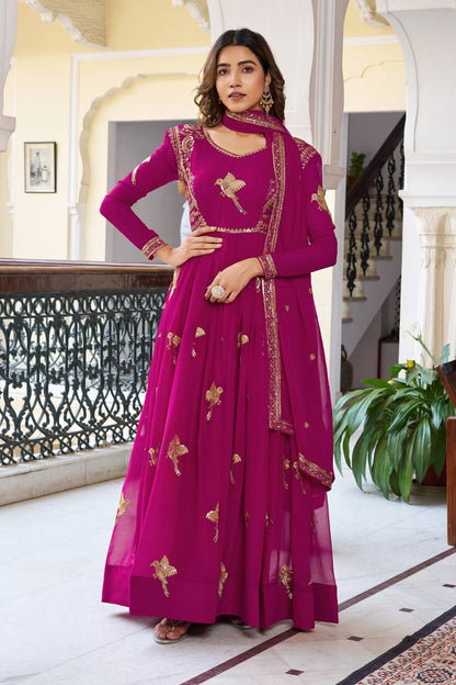 Elegant Embroidered Bird Motif Anarkali Suit Set with Dupatta (2 Color Options)