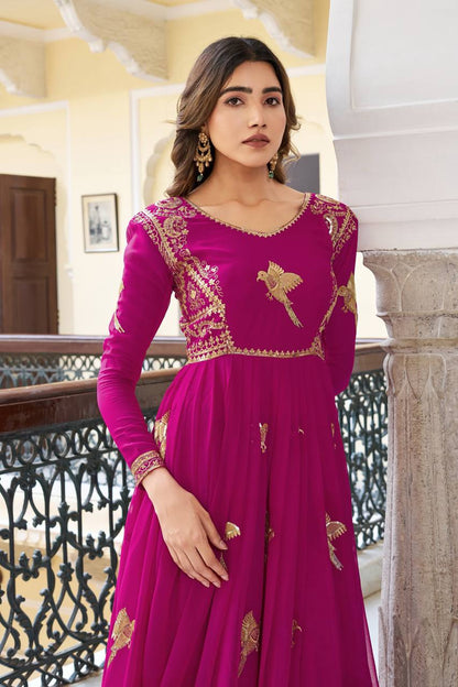 Elegant Embroidered Bird Motif Anarkali Suit Set with Dupatta (2 Color Options)