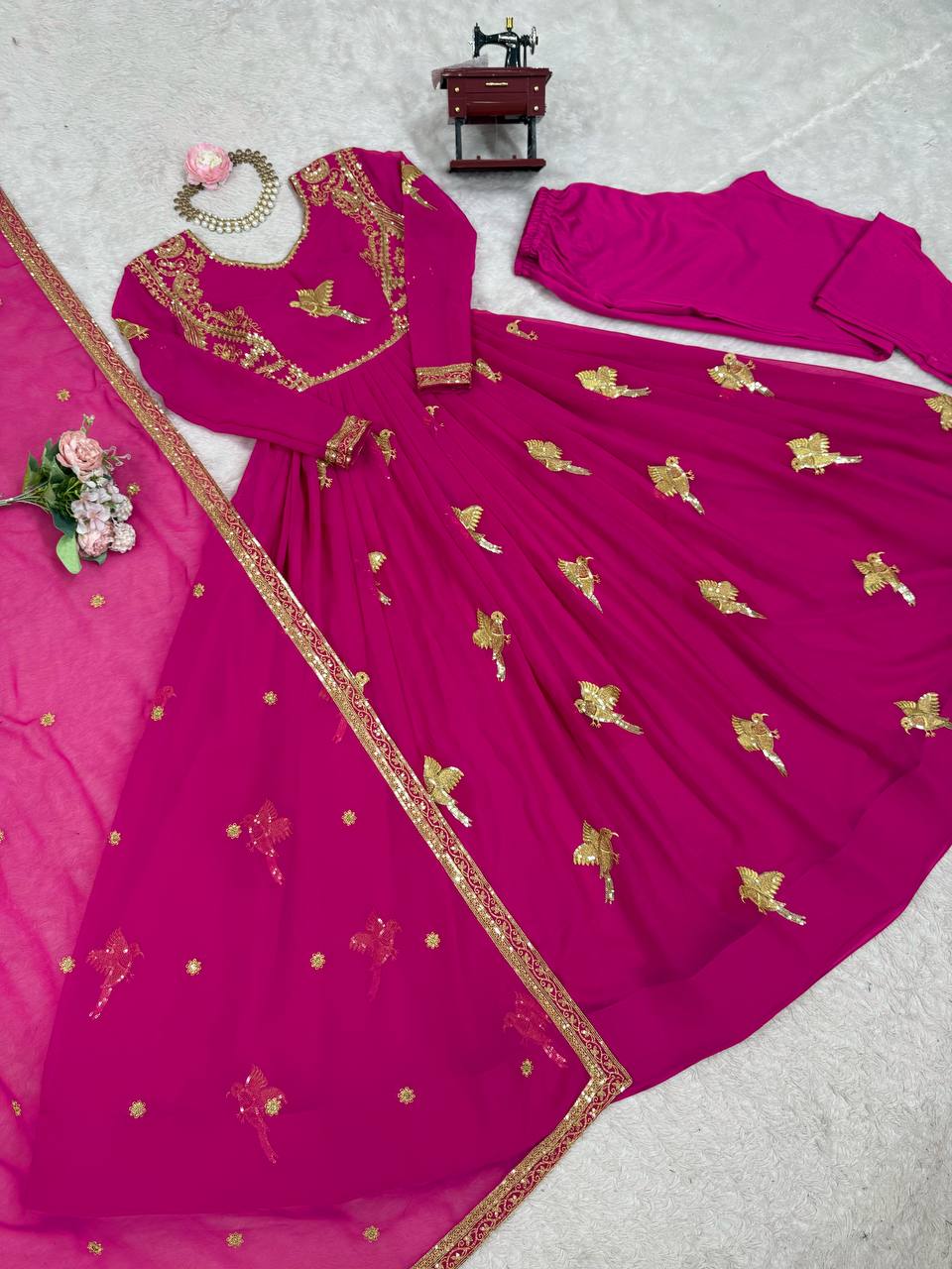 Elegant Embroidered Bird Motif Anarkali Suit Set with Dupatta (2 Color Options)