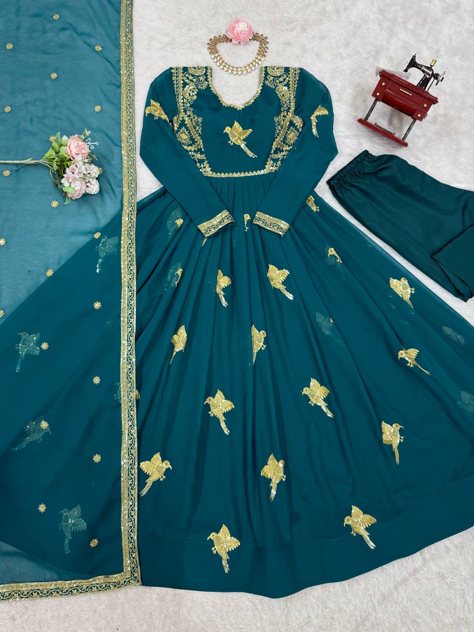 Elegant Embroidered Bird Motif Anarkali Suit Set with Dupatta (2 Color Options)