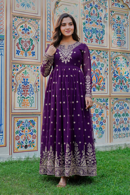 Royal Purple Heavy Embroidered Anarkali Suit Set with Printed Dupatta