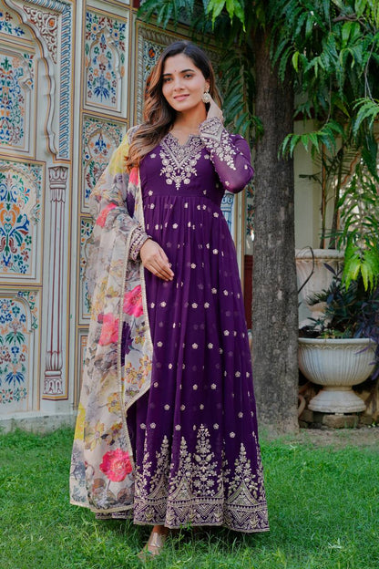 Royal Purple Heavy Embroidered Anarkali Suit Set with Printed Dupatta