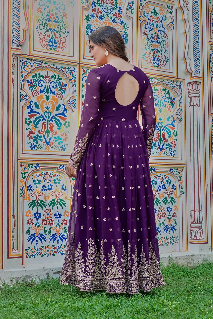 Royal Purple Heavy Embroidered Anarkali Suit Set with Printed Dupatta
