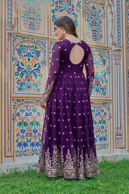Royal Purple Heavy Embroidered Anarkali Suit Set with Printed Dupatta