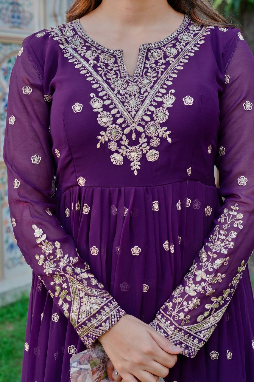 Royal Purple Heavy Embroidered Anarkali Suit Set with Printed Dupatta