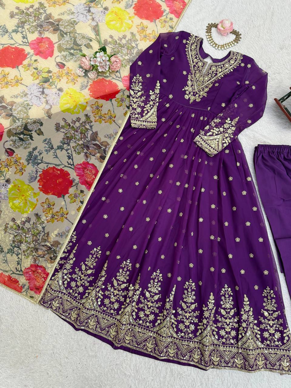 Royal Purple Heavy Embroidered Anarkali Suit Set with Printed Dupatta