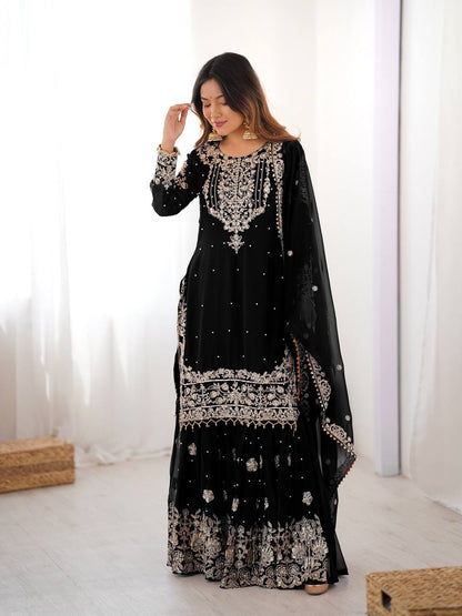 Designer Heavy Embroidered Kurta Sharara Suit Set with Dupatta | 10 Color Options