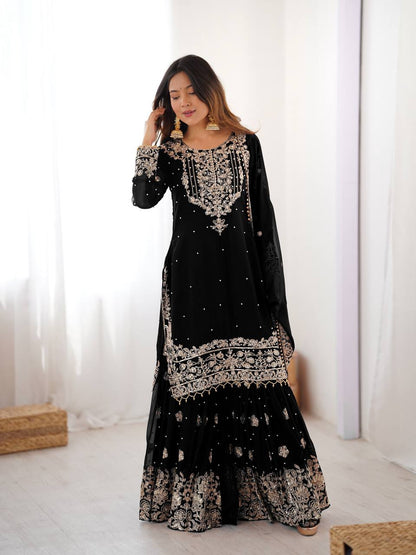 Designer Heavy Embroidered Kurta Sharara Suit Set with Dupatta | 10 Color Options