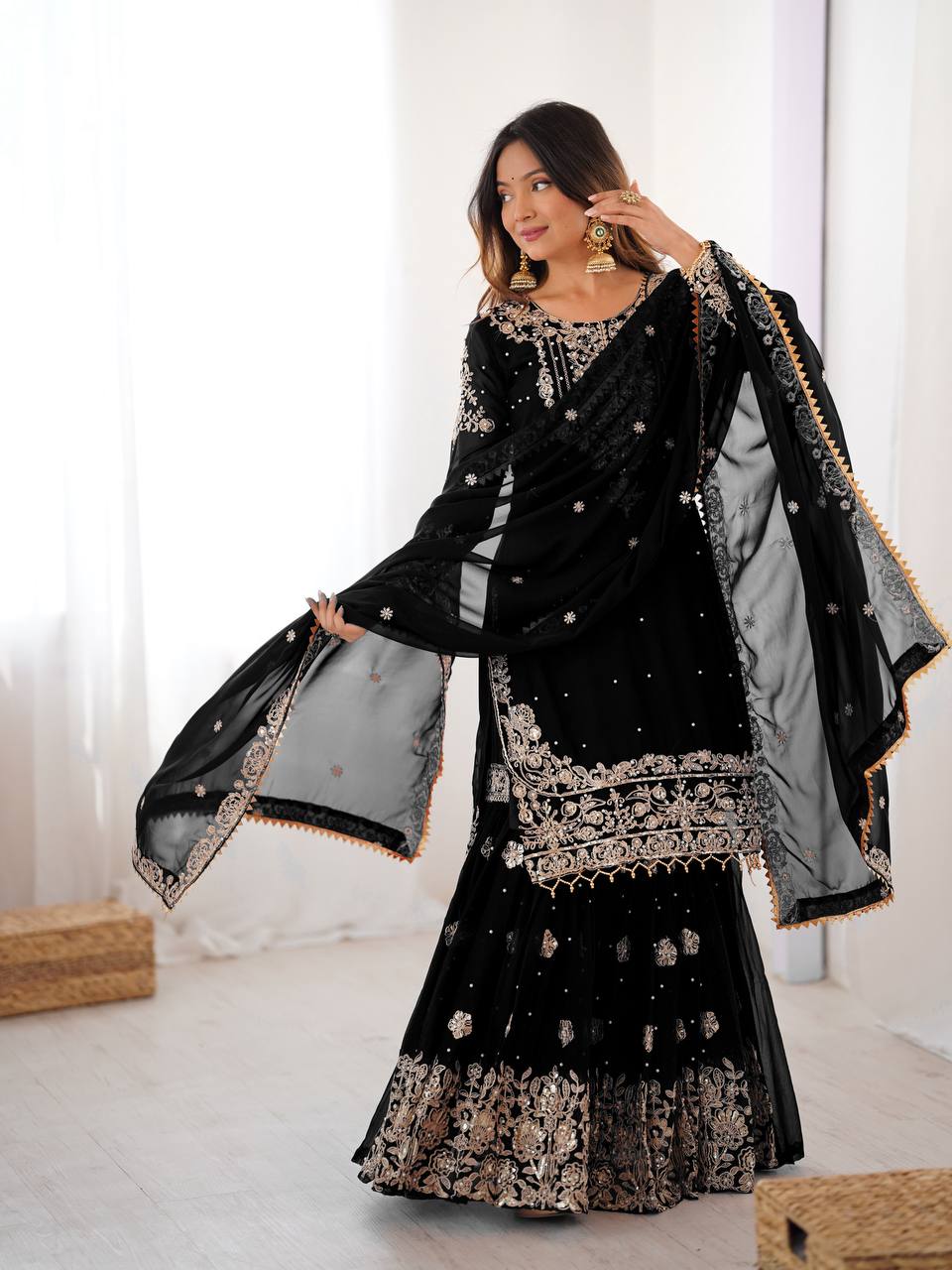 Designer Heavy Embroidered Kurta Sharara Suit Set with Dupatta | 10 Color Options