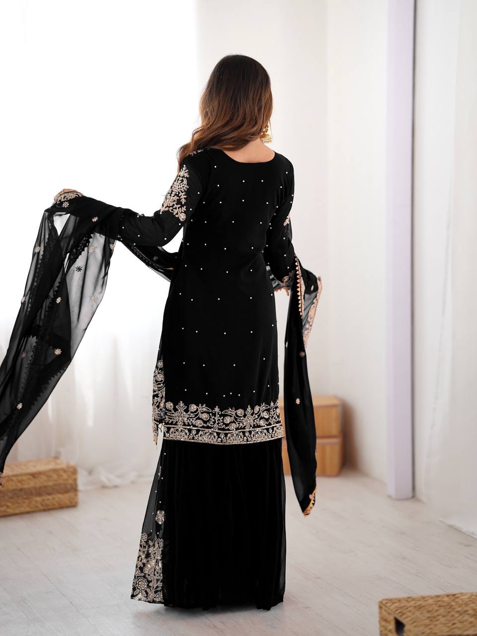Designer Heavy Embroidered Kurta Sharara Suit Set with Dupatta | 10 Color Options