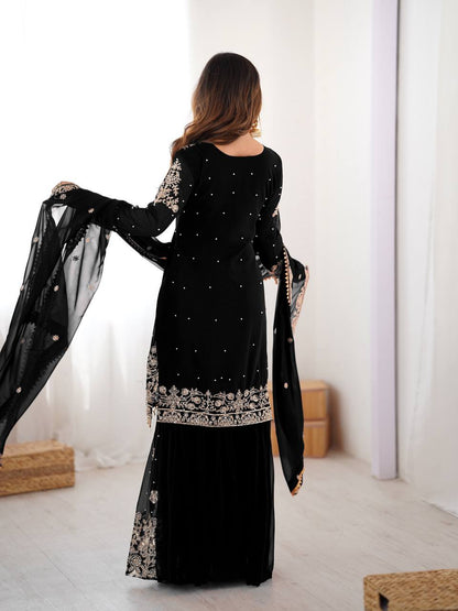 Designer Heavy Embroidered Kurta Sharara Suit Set with Dupatta | 10 Color Options