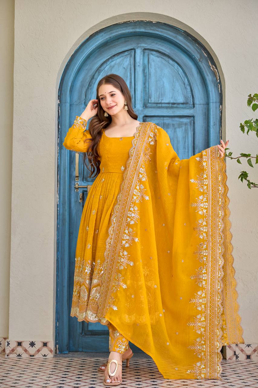 Luxury Embroidered Anarkali Suit Set with Heavy Border Dupatta (3 Color Options)