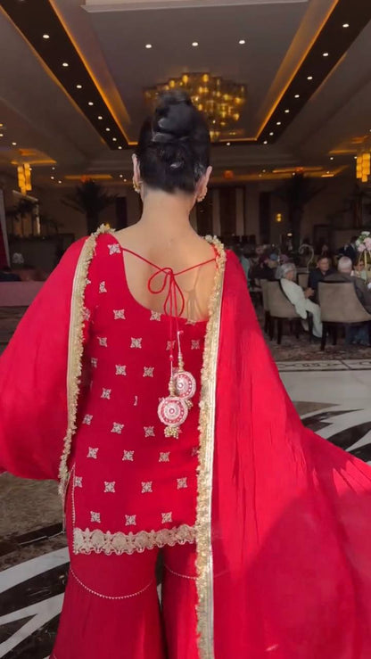 Red Embroidered Kurta Sharara Suit with Dupatta