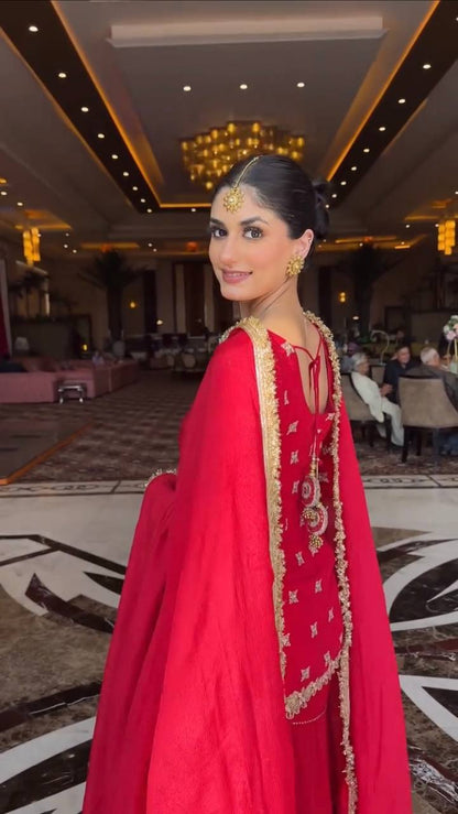 Red Embroidered Kurta Sharara Suit with Dupatta