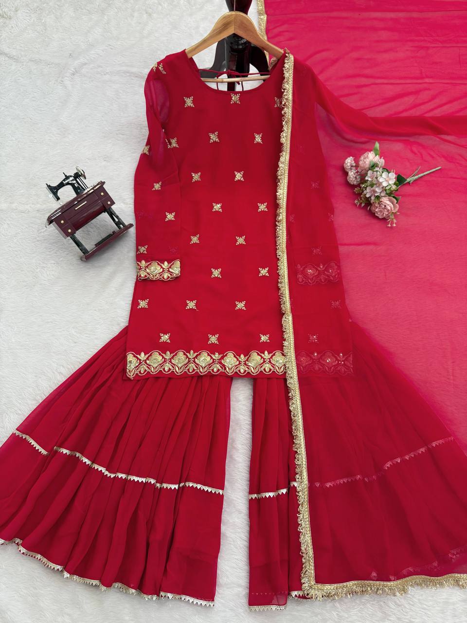 Red Embroidered Kurta Sharara Suit with Dupatta