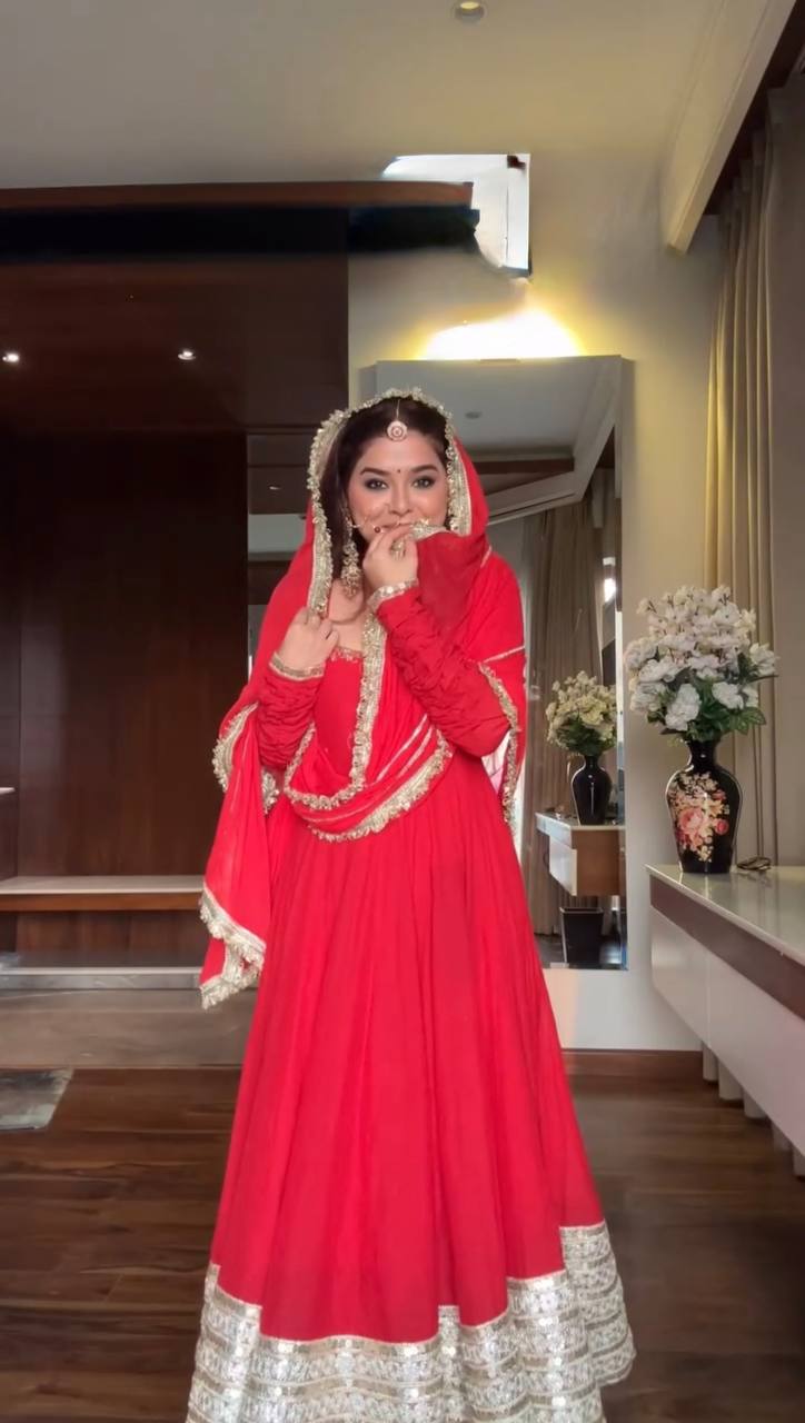 Red Pleated Anarkali Suit with Golden Border Dupatta