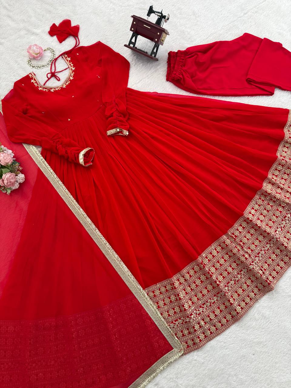 Red Pleated Anarkali Suit with Golden Border Dupatta