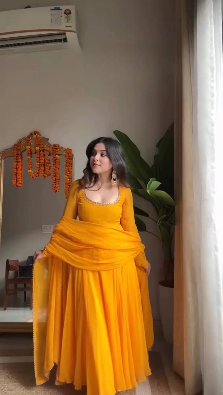 Mustard Yellow Plain Anarkali Kurti Set with Dupatta & Bottom – Elegant Festive Wear