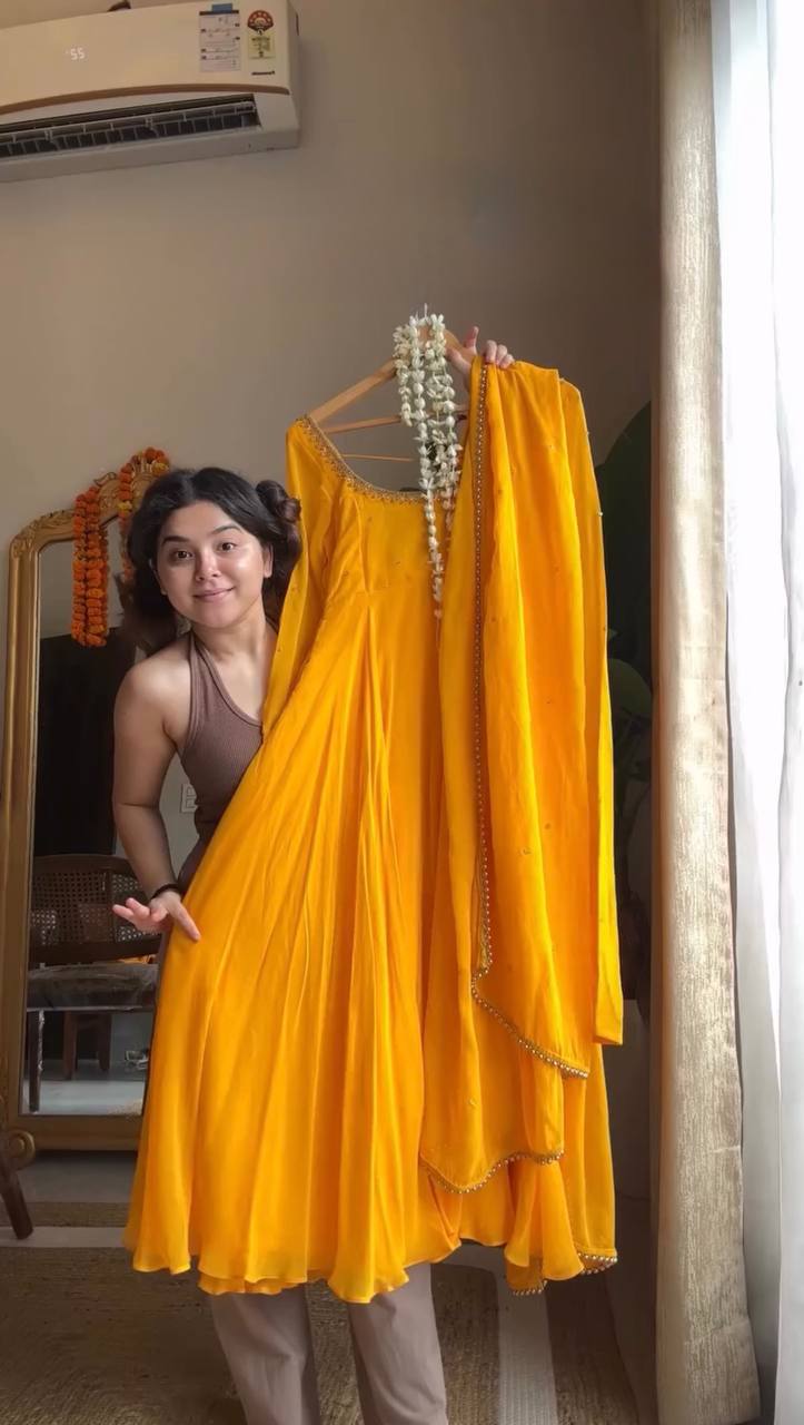 Mustard Yellow Plain Anarkali Kurti Set with Dupatta & Bottom – Elegant Festive Wear