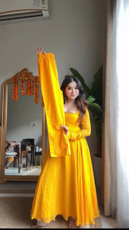Mustard Yellow Plain Anarkali Kurti Set with Dupatta & Bottom – Elegant Festive Wear