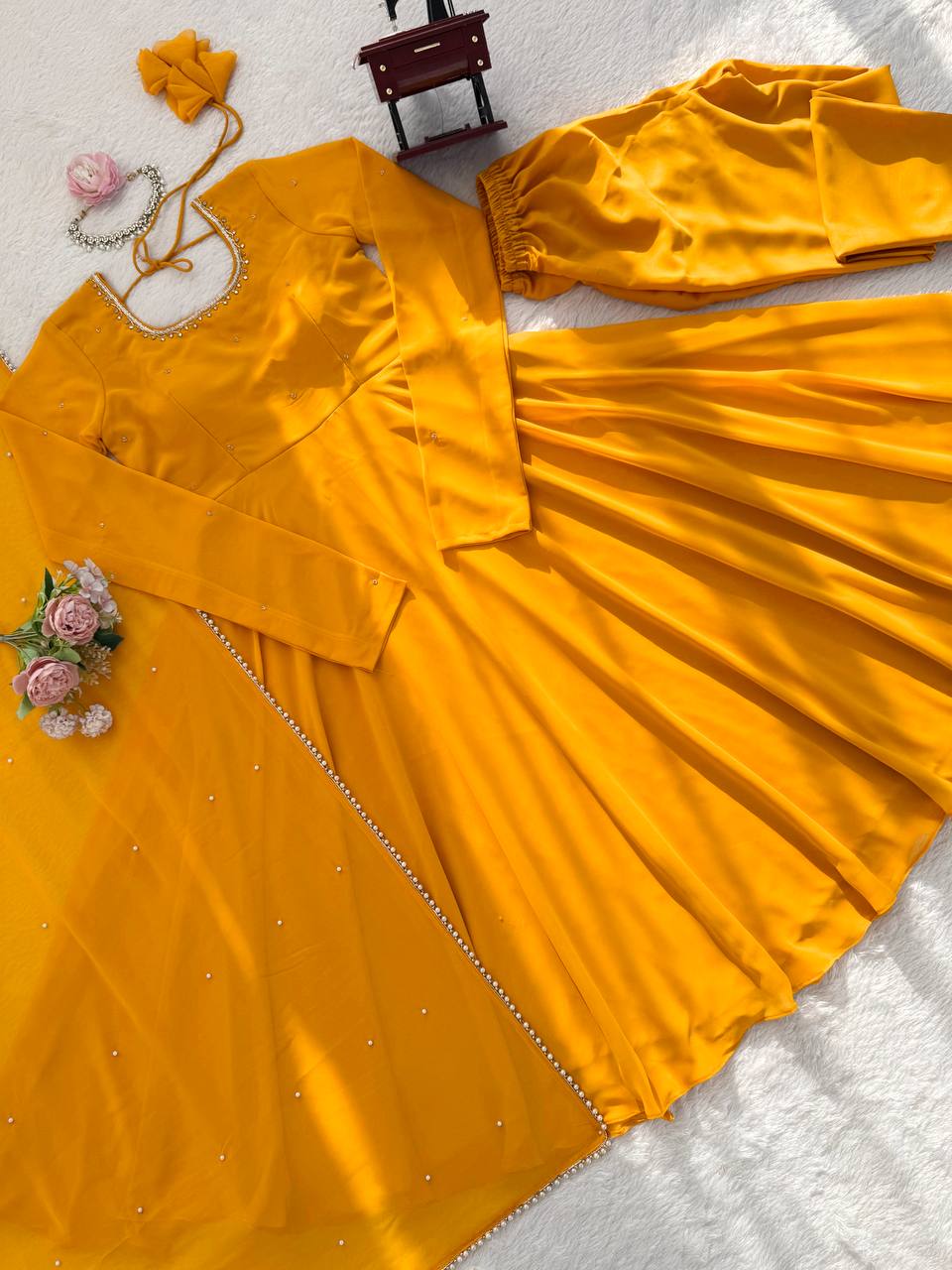 Mustard Yellow Plain Anarkali Kurti Set with Dupatta & Bottom – Elegant Festive Wear