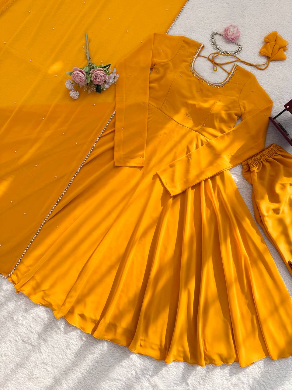 Mustard Yellow Plain Anarkali Kurti Set with Dupatta & Bottom – Elegant Festive Wear