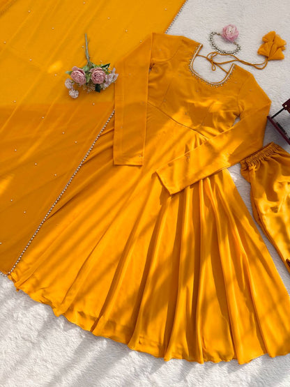 Mustard Yellow Plain Anarkali Kurti Set with Dupatta & Bottom – Elegant Festive Wear