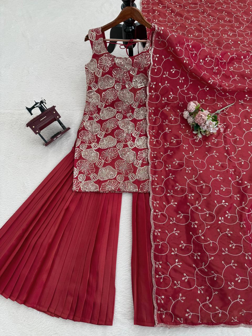 Heavy Embroidered Sleeveless Kurti Sharara Set with Dupatta – 2 Color Options (Red  & Mustard) | Festive Wear for Women