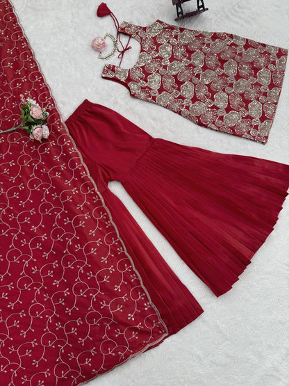 Heavy Embroidered Sleeveless Kurti Sharara Set with Dupatta – 2 Color Options (Red  & Mustard) | Festive Wear for Women