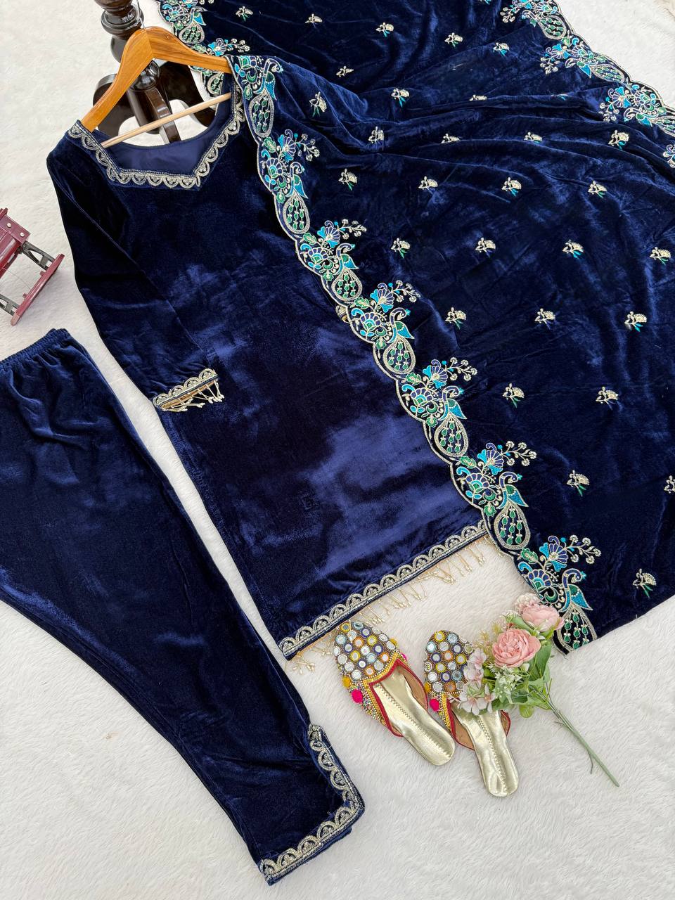 Navy Blue Velvet Kurti Pant Set with Embroidered Dupatta – Festive & Party Wear