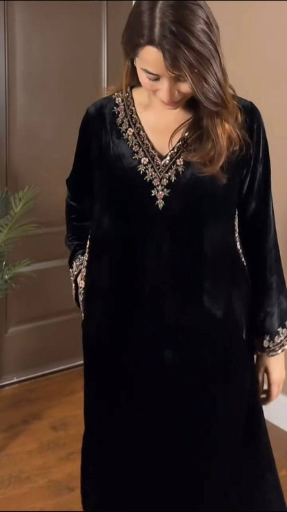 Black Velvet Embroidered Kurti Pant Set – Festive & Party Wear