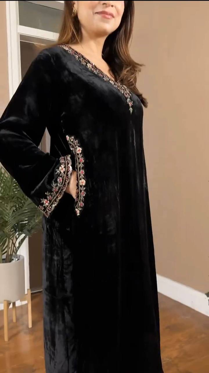 Black Velvet Embroidered Kurti Pant Set – Festive & Party Wear