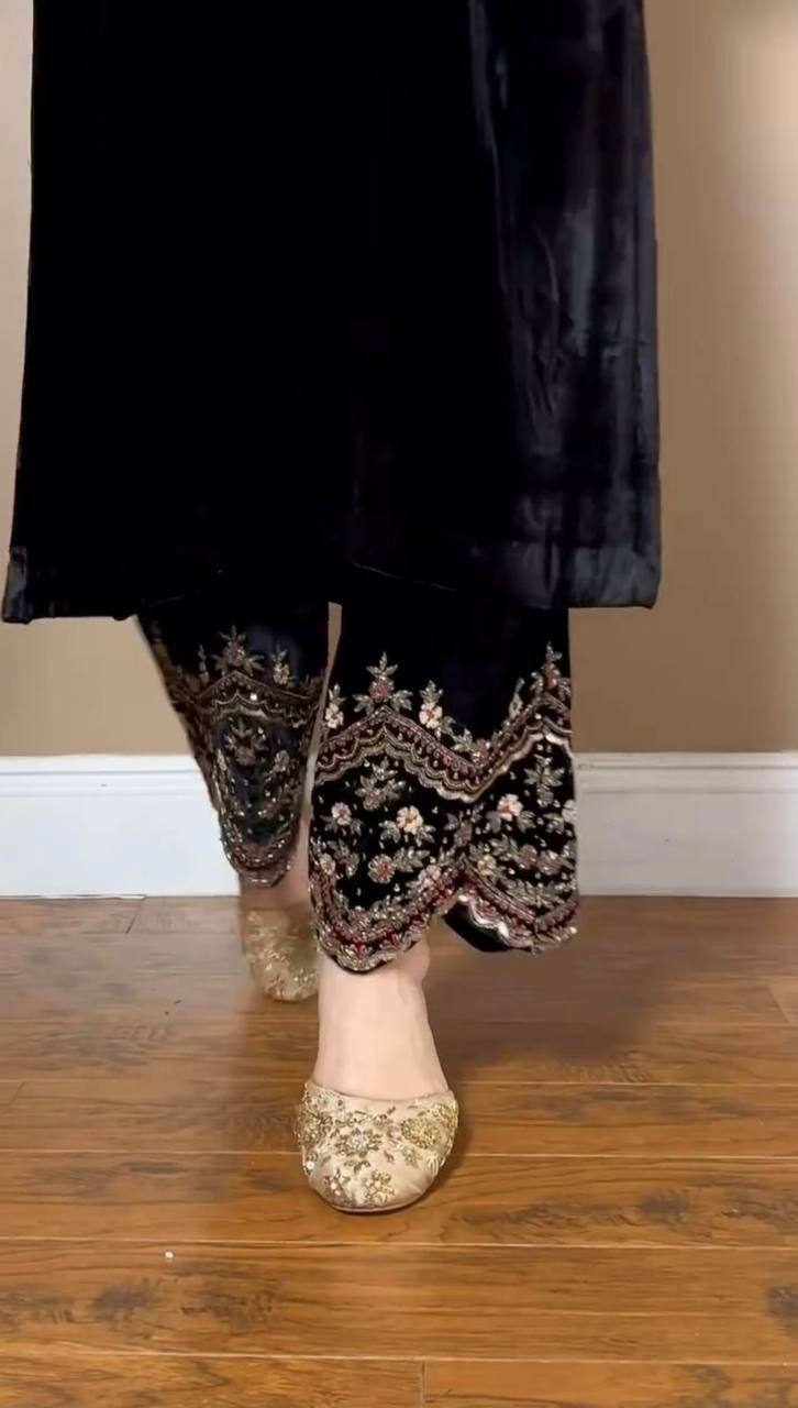Black Velvet Embroidered Kurti Pant Set – Festive & Party Wear