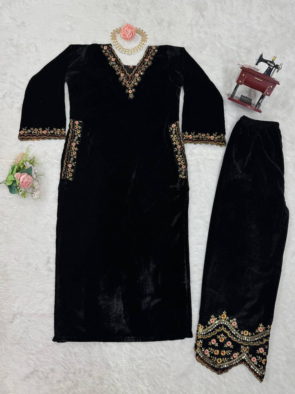 Black Velvet Embroidered Kurti Pant Set – Festive & Party Wear